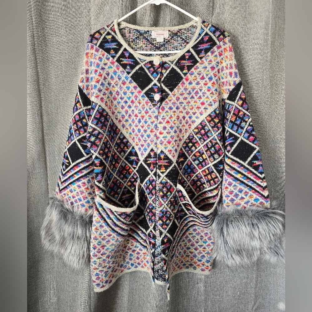 Vtg Kamana Multicolored Geometric Cardigan Sweater W/ Removable Faux Fur Cuffs L